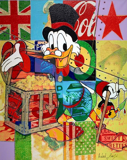 Duck Making Money with Heart by Richard Zarzi - Original Painting on Box Canvas